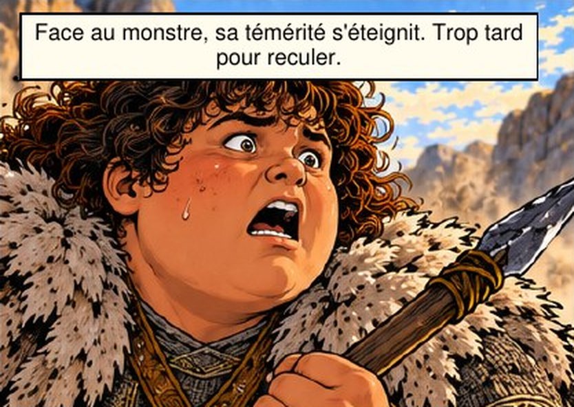 Case de BD : Tanach, terrifié, serre sa lance face au monstre. Encadré : Face au monstre, sa témérité s'éteignit. Trop tard pour reculer.