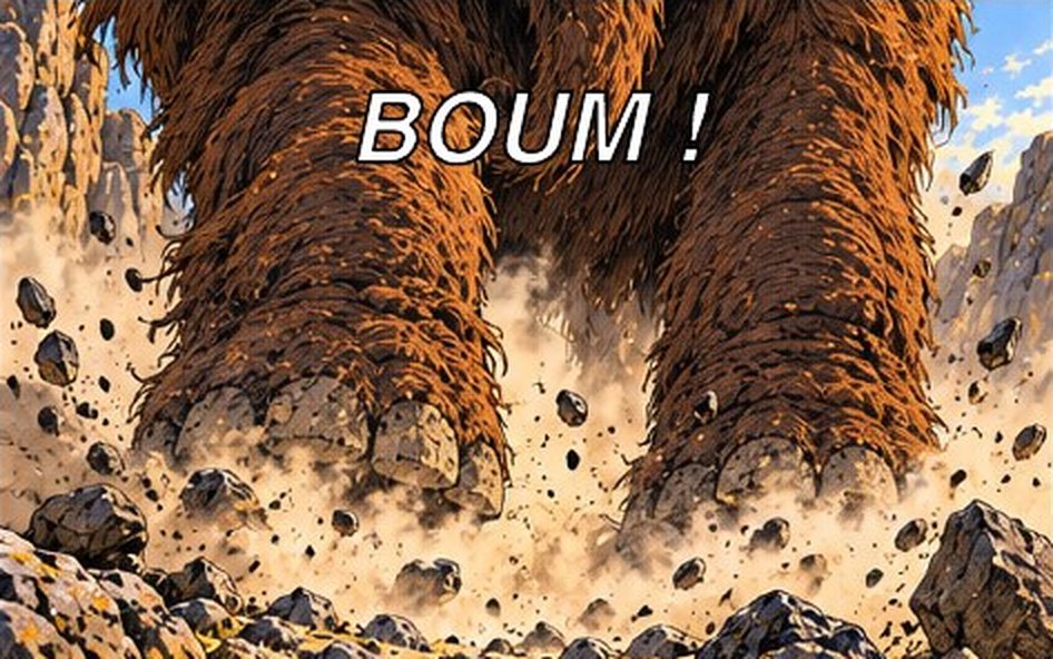 Case de BD : les pattes du mammouth s'abattent sur le sol dans un nuage de poussière, avec l'onomatopée BOUM !