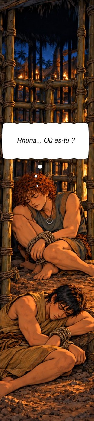 Case de BD : Athum, prisonnier et ligoté dans une cage de bois, pense à Rhuna. Bulle : Rhuna... Où es-tu ?