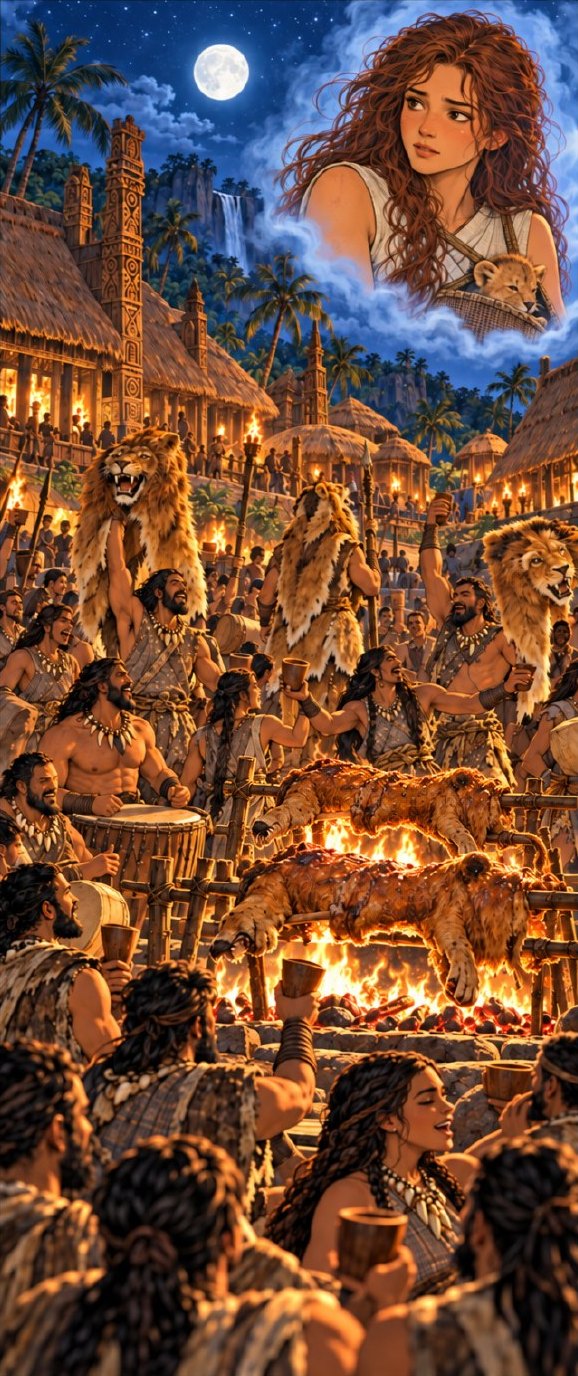 Case de BD : sous la lune, les Mangeurs de lions font la fête autour d'un grand feu, vêtus de peaux de lions, tandis que le visage de Rhuna et du lionceau apparaît dans le ciel.